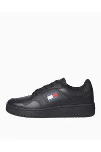 Tommy Hilfiger Men's Brand Logo Leather Top Rubber Outsole Black Sneakers Suitable for Casual Use