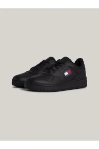 Tommy Hilfiger Men's Brand Logo Leather Top Rubber Outsole Black Sneakers Suitable for Casual Use