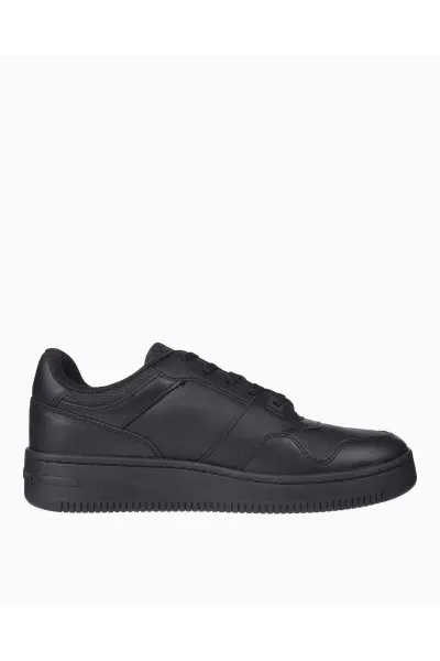Tommy Hilfiger Men's Brand Logo Leather Top Rubber Outsole Black Sneakers Suitable for Casual Use