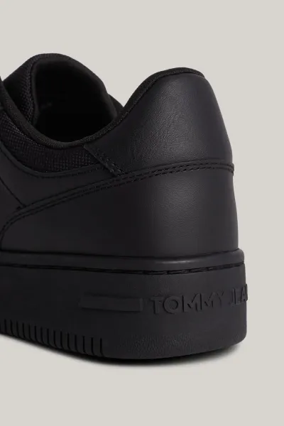 Tommy Hilfiger Men's Brand Logo Leather Top Rubber Outsole Black Sneakers Suitable for Casual Use