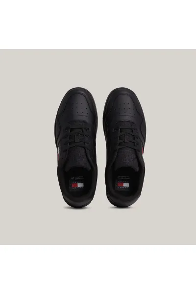Tommy Hilfiger Men's Brand Logo Leather Top Rubber Outsole Black Sneakers Suitable for Casual Use