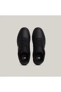 Tommy Hilfiger Men's Brand Logo Leather Top Rubber Outsole Black Sneakers Suitable for Casual Use
