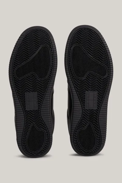 Tommy Hilfiger Men's Brand Logo Leather Top Rubber Outsole Black Sneakers Suitable for Casual Use