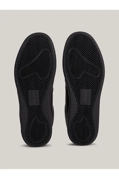 Tommy Hilfiger Men's Brand Logo Leather Top Rubber Outsole Black Sneakers Suitable for Casual Use