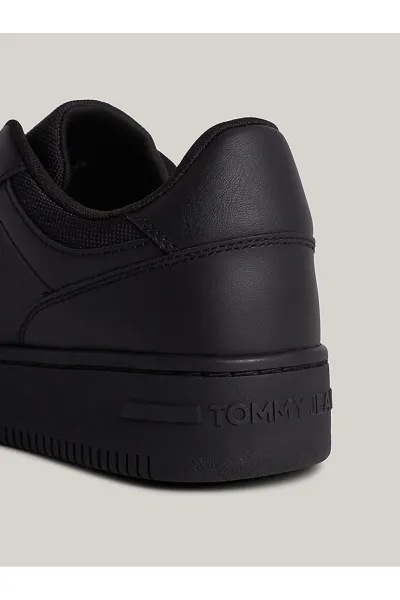 Tommy Hilfiger Men's Brand Logo Leather Top Rubber Outsole Black Sneakers Suitable for Casual Use