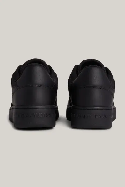 Tommy Hilfiger Men's Brand Logo Leather Top Rubber Outsole Black Sneakers Suitable for Casual Use