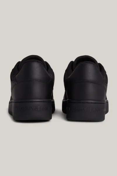 Tommy Hilfiger Men's Brand Logo Leather Top Rubber Outsole Black Sneakers Suitable for Casual Use