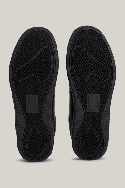 Tommy Hilfiger Men's Brand Logo Leather Top Rubber Outsole Black Sneakers Suitable for Casual Use