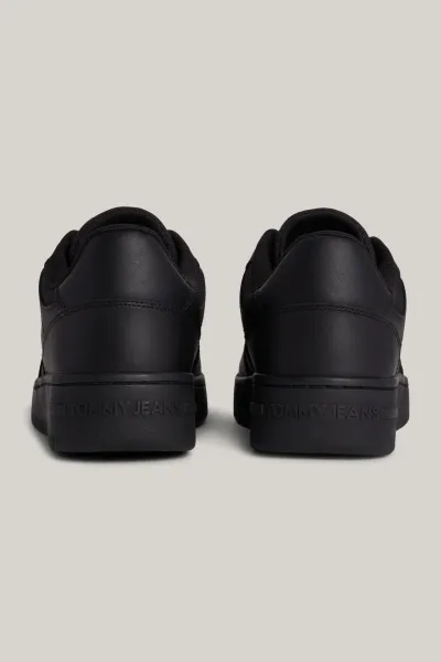 Tommy Hilfiger Men's Brand Logo Leather Top Rubber Outsole Black Sneakers Suitable for Casual Use