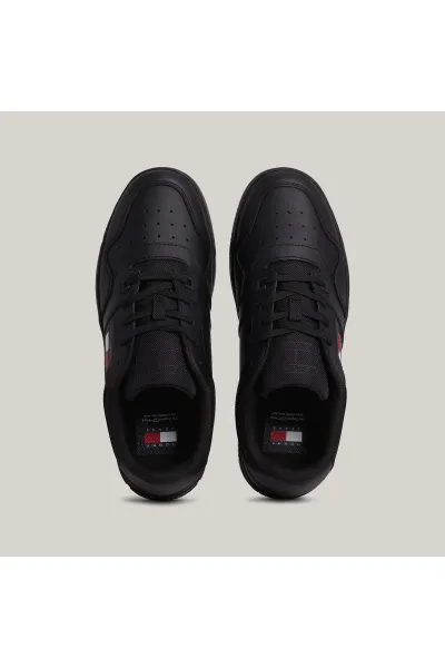 Tommy Hilfiger Men's Brand Logo Leather Top Rubber Outsole Black Sneakers Suitable for Casual Use
