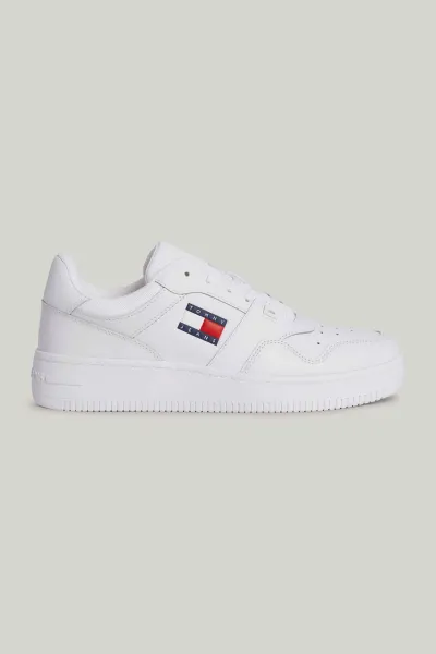 Tommy Hilfiger Men's Brand Logo Leather Top Rubber Outsole White Sneakers Suitable for Casual Use
