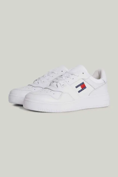 Tommy Hilfiger Men's Brand Logo Leather Top Rubber Outsole White Sneakers Suitable for Casual Use