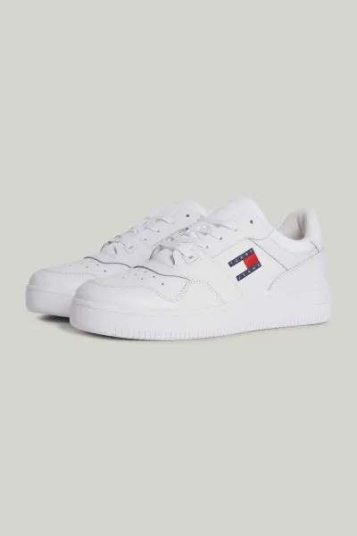Tommy Hilfiger Men's Brand Logo Leather Top Rubber Outsole White Sneakers Suitable for Casual Use
