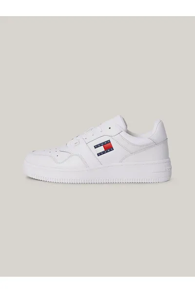Tommy Hilfiger Men's Brand Logo Leather Top Rubber Outsole White Sneakers Suitable for Casual Use