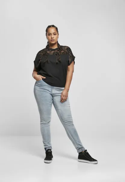 Women's short oversized T-shirt with black lace