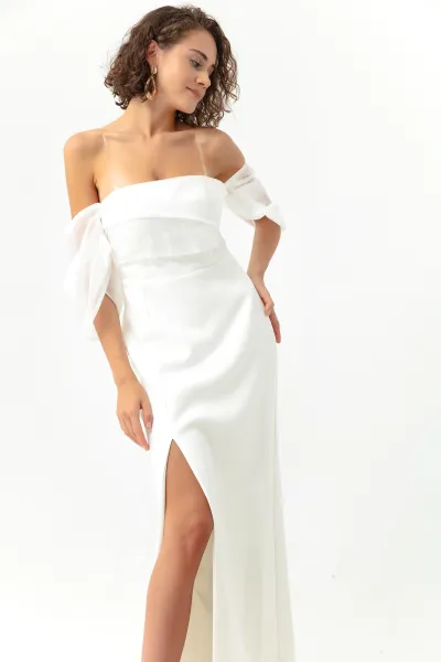 Lafaba Women's White Princess Sleeve Organza Long Evening Dress