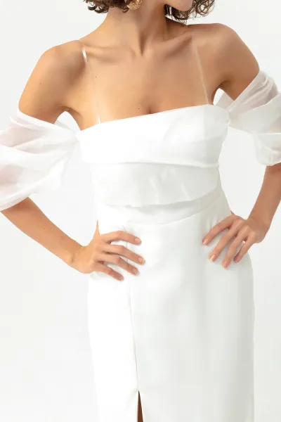 Lafaba Women's White Princess Sleeve Organza Long Evening Dress