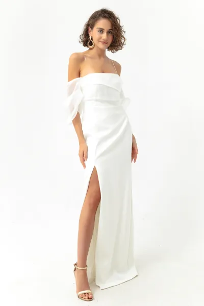 Lafaba Women's White Princess Sleeve Organza Long Evening Dress