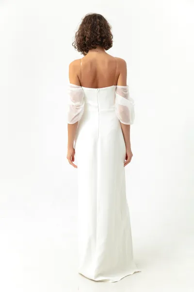 Lafaba Women's White Princess Sleeve Organza Long Evening Dress