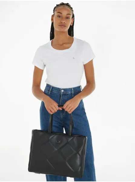 Black Women's Patterned Calvin Klein Re-Lock Quilt Tote Handbag - Women
