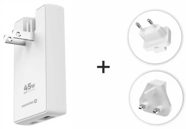 Swissten cestovný adaptér GaN USB-C + USB, 45W, biely