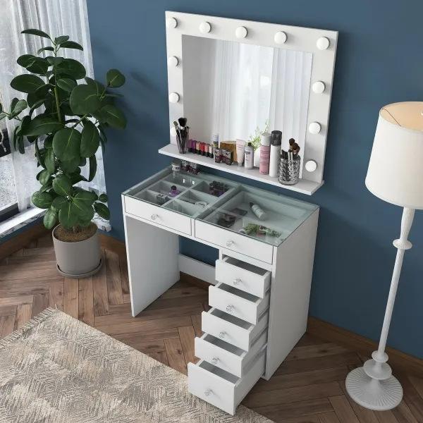Kalune Design Toaletní stolek Melissa 03 s LED zrcadlem bílý/čirý
