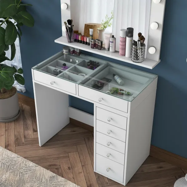 Kalune Design Toaletní stolek Melissa 03 s LED zrcadlem bílý/čirý