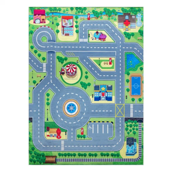 Detský koberec protišmykový BAMBINO 9028 mesto, zelený / sivý