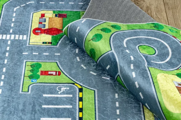 Detský koberec protišmykový BAMBINO 9028 mesto, zelený / sivý