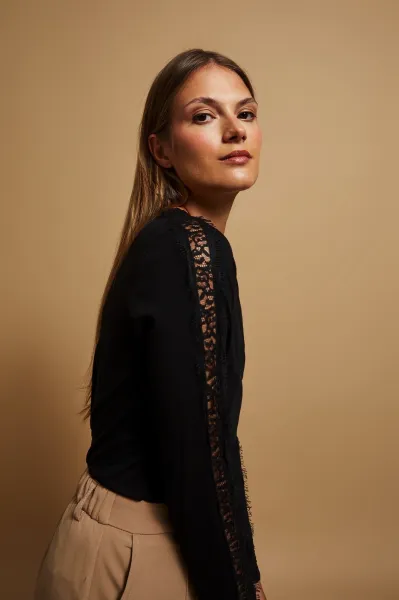 Marisse Black Blouse With Lace On The Sleeves