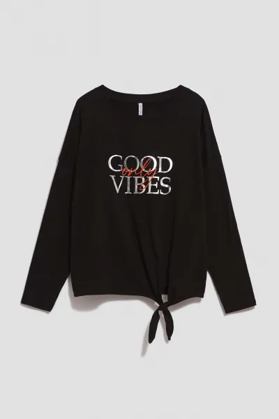Marisse Black Blouse With An Inscription And Ties