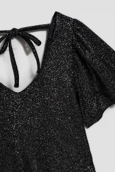 Marisse Black V-Neck Blouse With Puffed Short Sleeves
