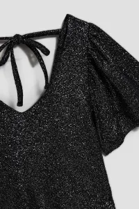 Marisse Black V-Neck Blouse With Puffed Short Sleeves