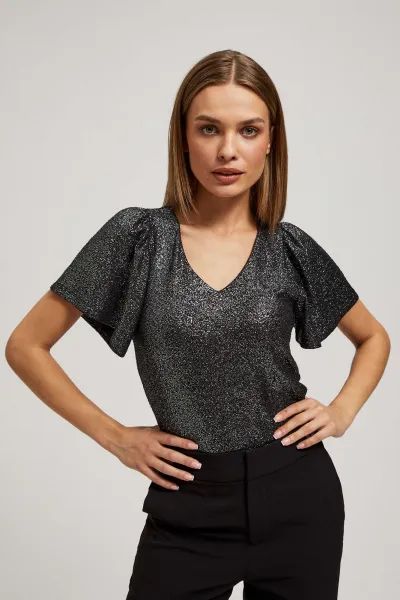 Marisse Black V-Neck Blouse With Puffed Short Sleeves