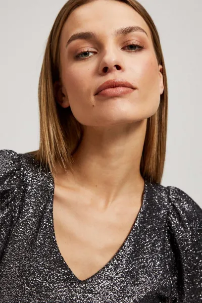 Marisse Black V-Neck Blouse With Puffed Short Sleeves