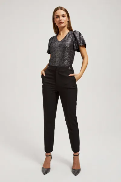 Marisse Black V-Neck Blouse With Puffed Short Sleeves