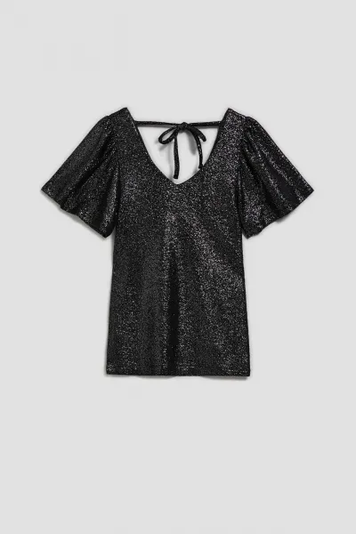 Marisse Black V-Neck Blouse With Puffed Short Sleeves
