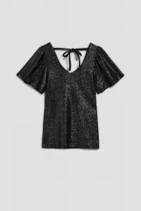 Marisse Black V-Neck Blouse With Puffed Short Sleeves