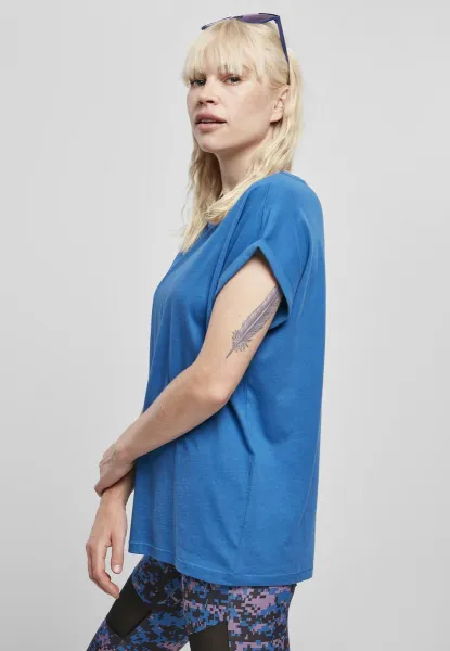 Women's sporty blue T-shirt with extended shoulder