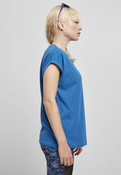 Women's sporty blue T-shirt with extended shoulder