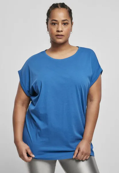 Women's sporty blue T-shirt with extended shoulder