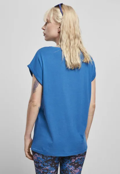 Women's sporty blue T-shirt with extended shoulder