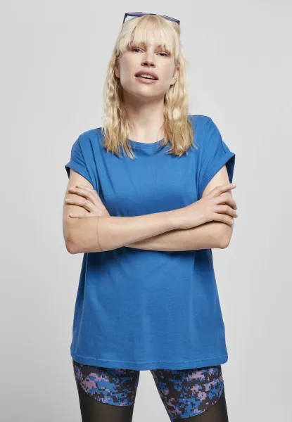 Women's sporty blue T-shirt with extended shoulder