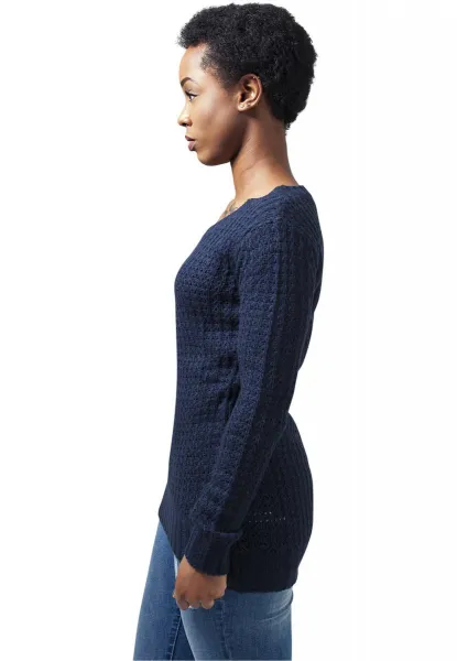 Women's sweater with a long wide neckline in a navy design