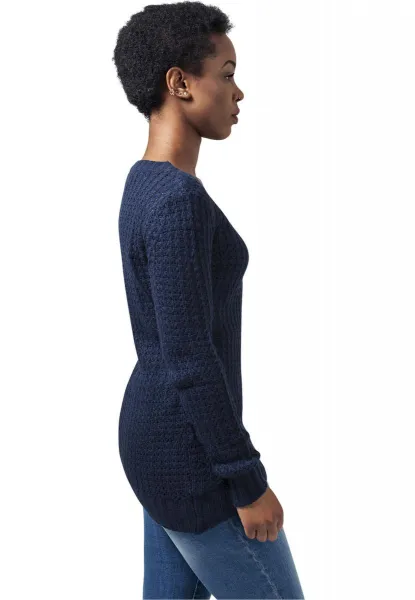Women's sweater with a long wide neckline in a navy design