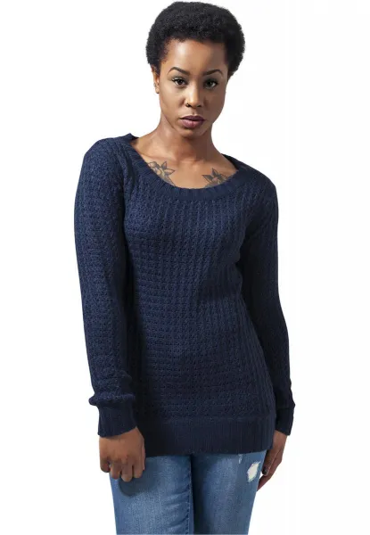 Women's sweater with a long wide neckline in a navy design