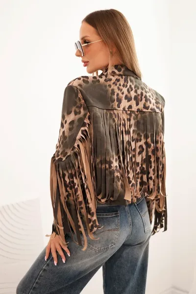 Kesi Włoski Dámska zamatová bunda s leopardím vzorom a strapcami khaki