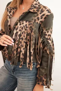 Kesi Włoski Dámska zamatová bunda s leopardím vzorom a strapcami khaki