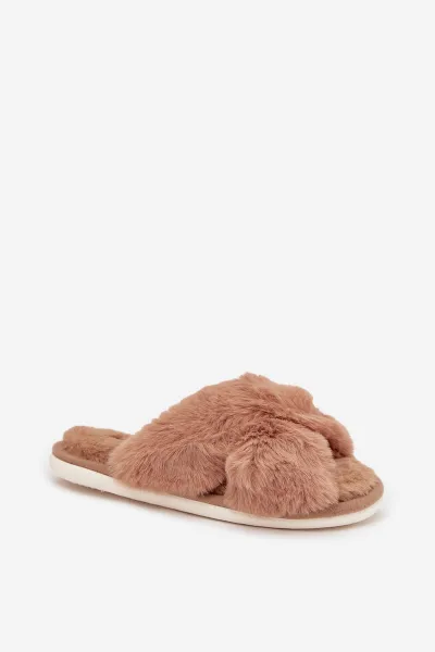 EVENTO Kožušinové domáce papuče pre ženy s prepletenými pásmi Camel Quenelle