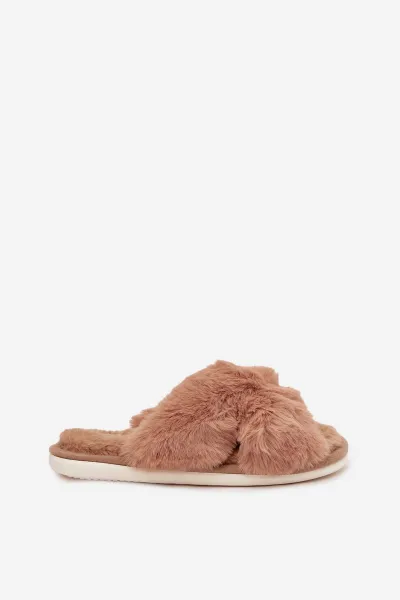 EVENTO Kožušinové domáce papuče pre ženy s prepletenými pásmi Camel Quenelle